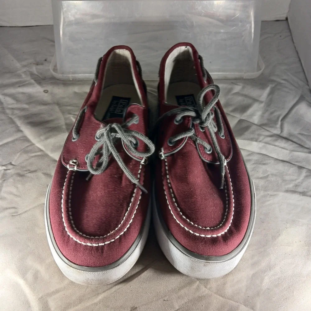 Polo‎ Ralph Lauren Lander P Boat Shoes 9D Burgundy Canvas Preppy Deck Sneakers